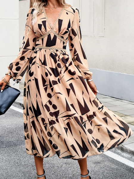 Casual Printed V-Neck Long Sleeve Dress HW58R5W524