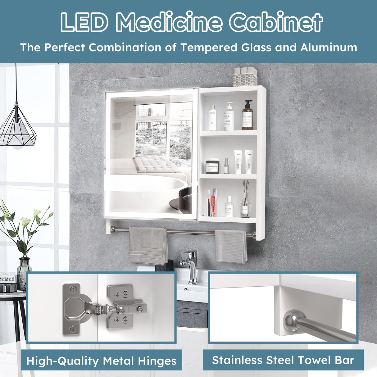 Modern 32x28inches bathroom cabinets, medicine cabinets with mirrors and LED lights, bathroom lockers with multilevel storage compartments and towel rails