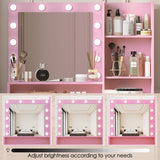 Vanity Desk with Mirror & Light, Large Drawer Three Level Storage Dresser, 3 Lighting Modes Adjustable Brightness, Bedroom Dressing Table (Pink)