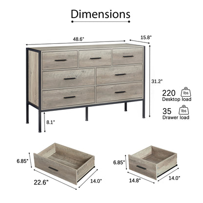 Wood Dresser with 7 Drawers, Wooden Storage Closet for Bedroom, Solid Clothes Cabinet with Sturdy Steel Frame, 48.58"W×15.75"D×31.22"H, 48 inch, Rustic Grey