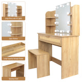 Vanity Desk Set Stool & Dressing Table with LED Lighting Mirror Drawer and Compartments Modern Wood Cosmetic Table Chest of Drawers Nature Color