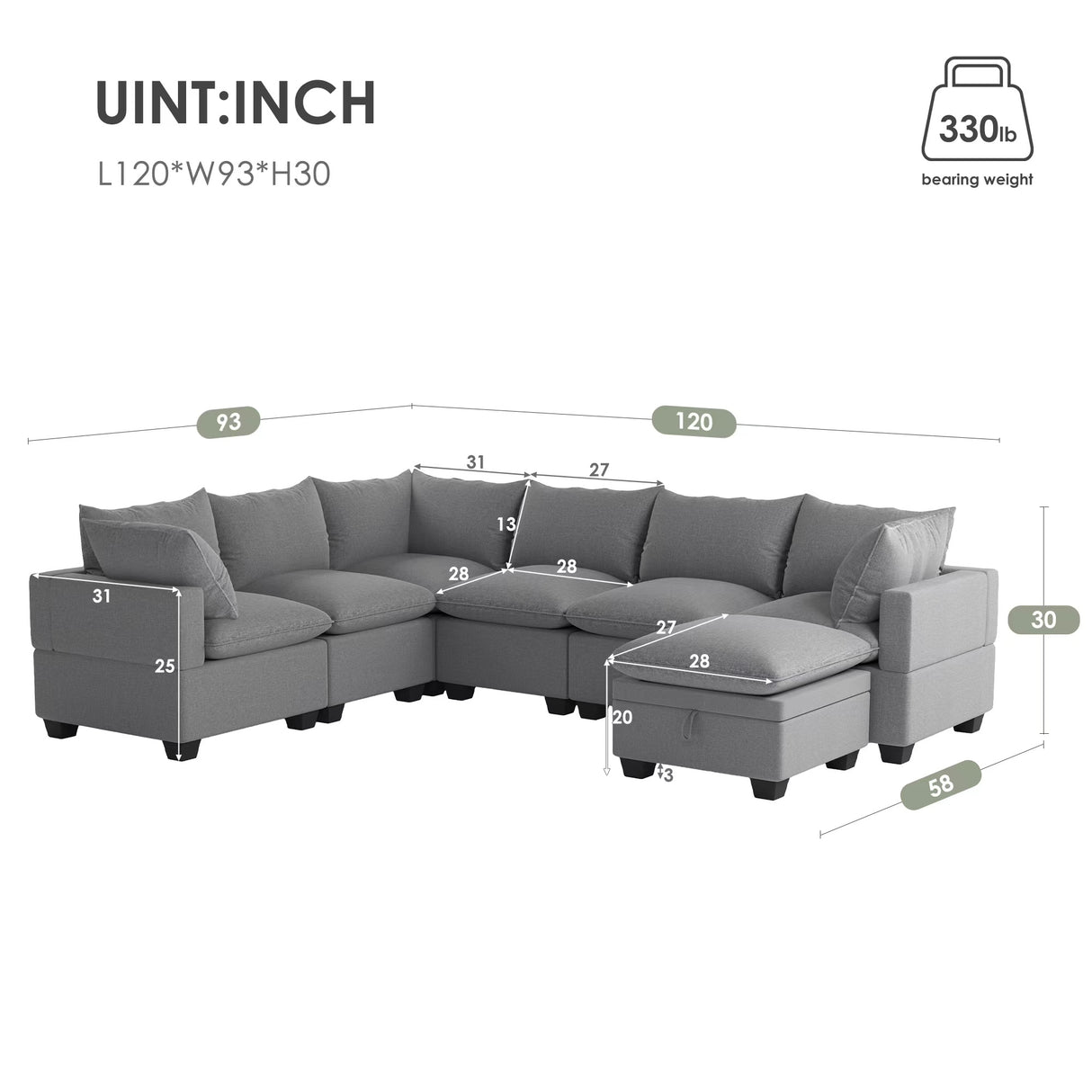 [VIDEO provided][New] 120*93" Modern U Shape Modular Sofa with Storage Ottoman,Luxury 7 Seat Sectional Couch Set with 2 Pillows Included,Freely Combinable Indoor Funiture for Living Room, Apartment