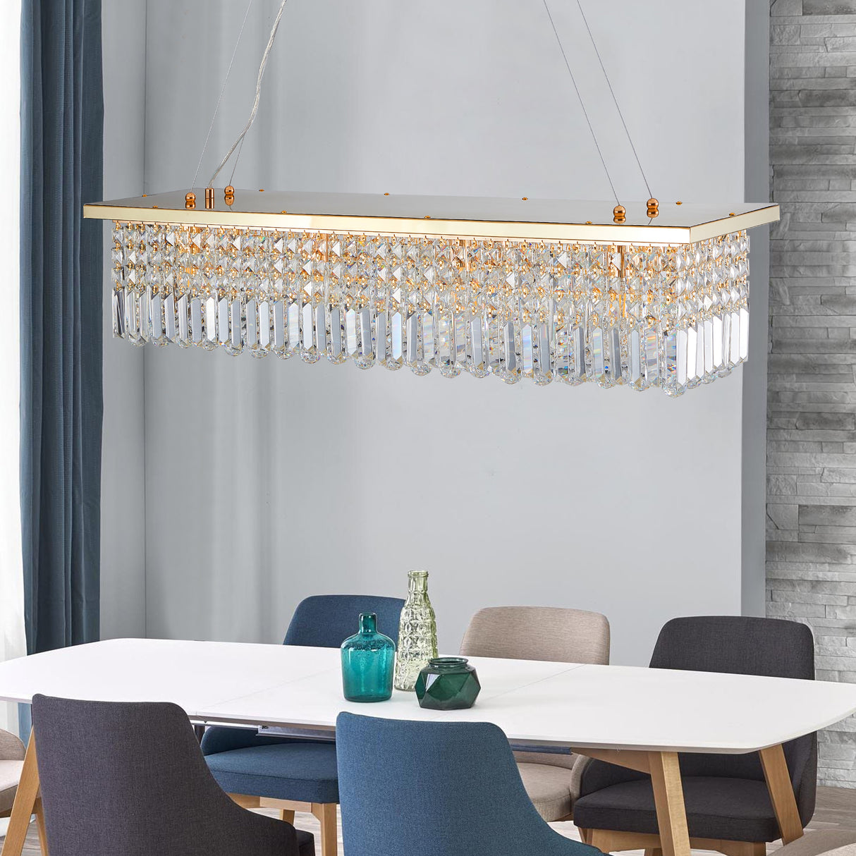Modern Crystal Chandelier for Dining Room 8-Light Gold Rectangle Raindrop Chandelier Contemporary Rectangular Pendant Light Fixture for Kitchen Island Bar L39.4'' x W9.8'' x H8.7'(Bulb Not Included)