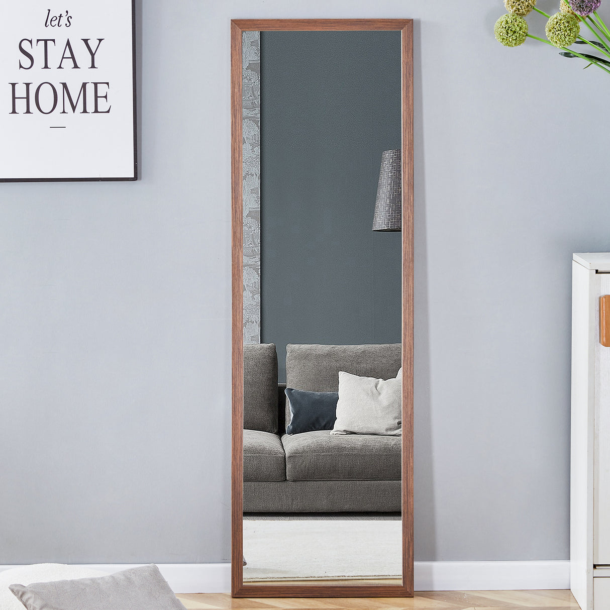 Third generation packaging upgrade, thickened border, brown wood grain solid wood frame full length mirror, dressing mirror, bedroom entrance, decorative mirror, and floor standing mirror. 57.9"*18.1"