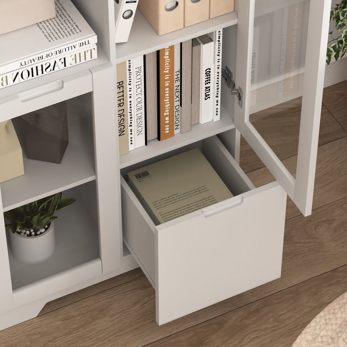 Wooden Floor Cabinet with 2 Glass Doors and 2 Storage Space,White ,Living Room Bathroom Entryway White