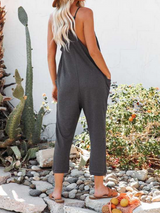 Solid Color V-Neck Pocket Jumpsuit