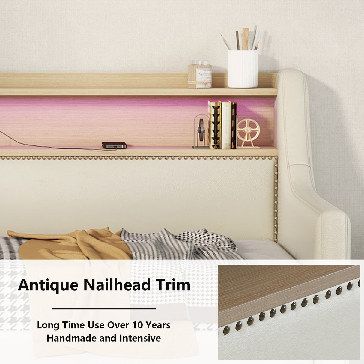Twin Size Daybed with Storage Drawers, Upholstered Daybed with Charging Station and LED Lights, Beige (Expect arrive date: Jun.,20th.)