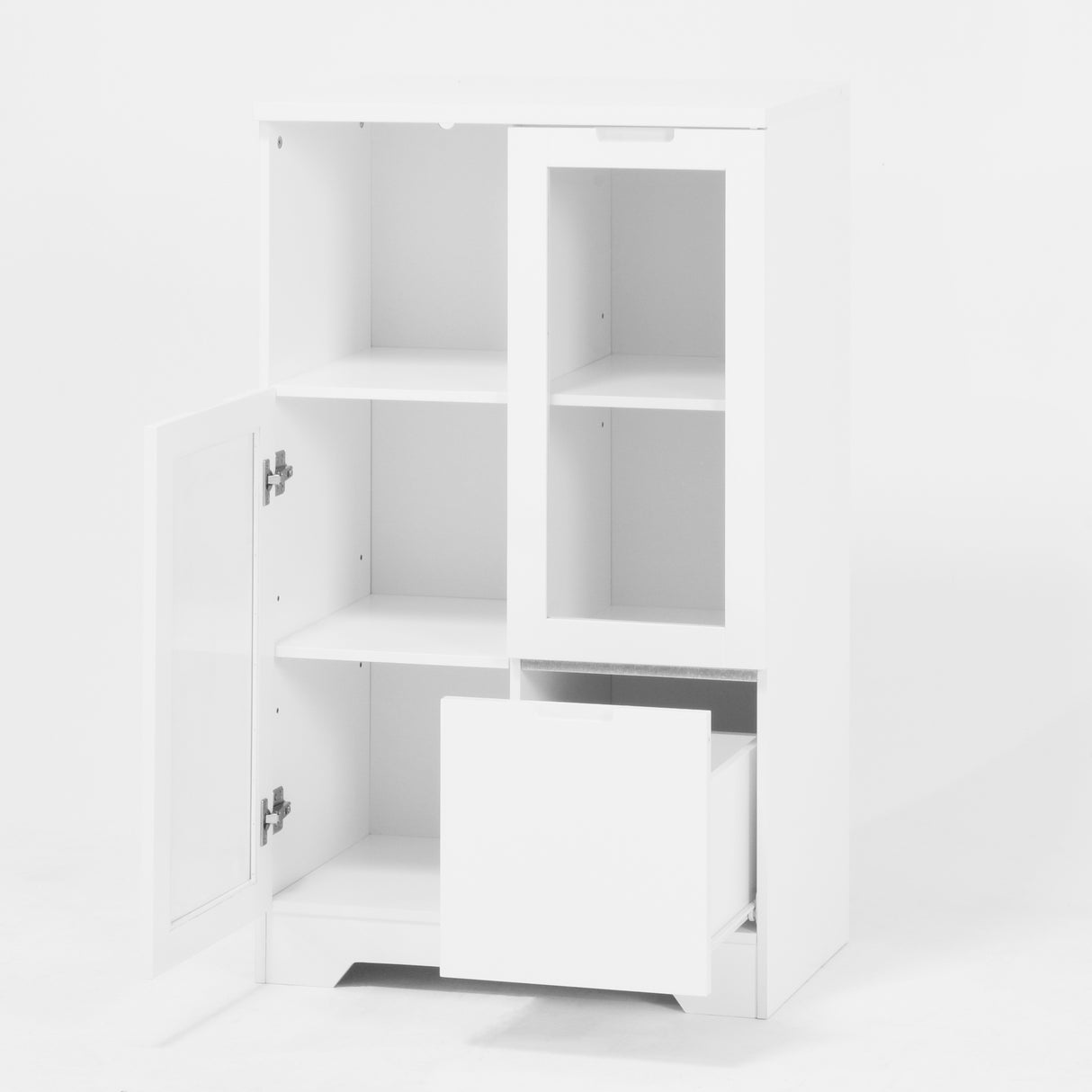 Wooden Floor Cabinet with 2 Glass Doors and 2 Storage Space,White ,Living Room Bathroom Entryway White