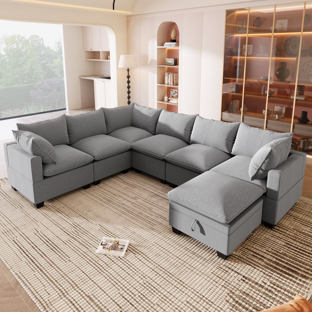 [VIDEO provided][New] 120*93" Modern U Shape Modular Sofa with Storage Ottoman,Luxury 7 Seat Sectional Couch Set with 2 Pillows Included,Freely Combinable Indoor Funiture for Living Room, Apartment