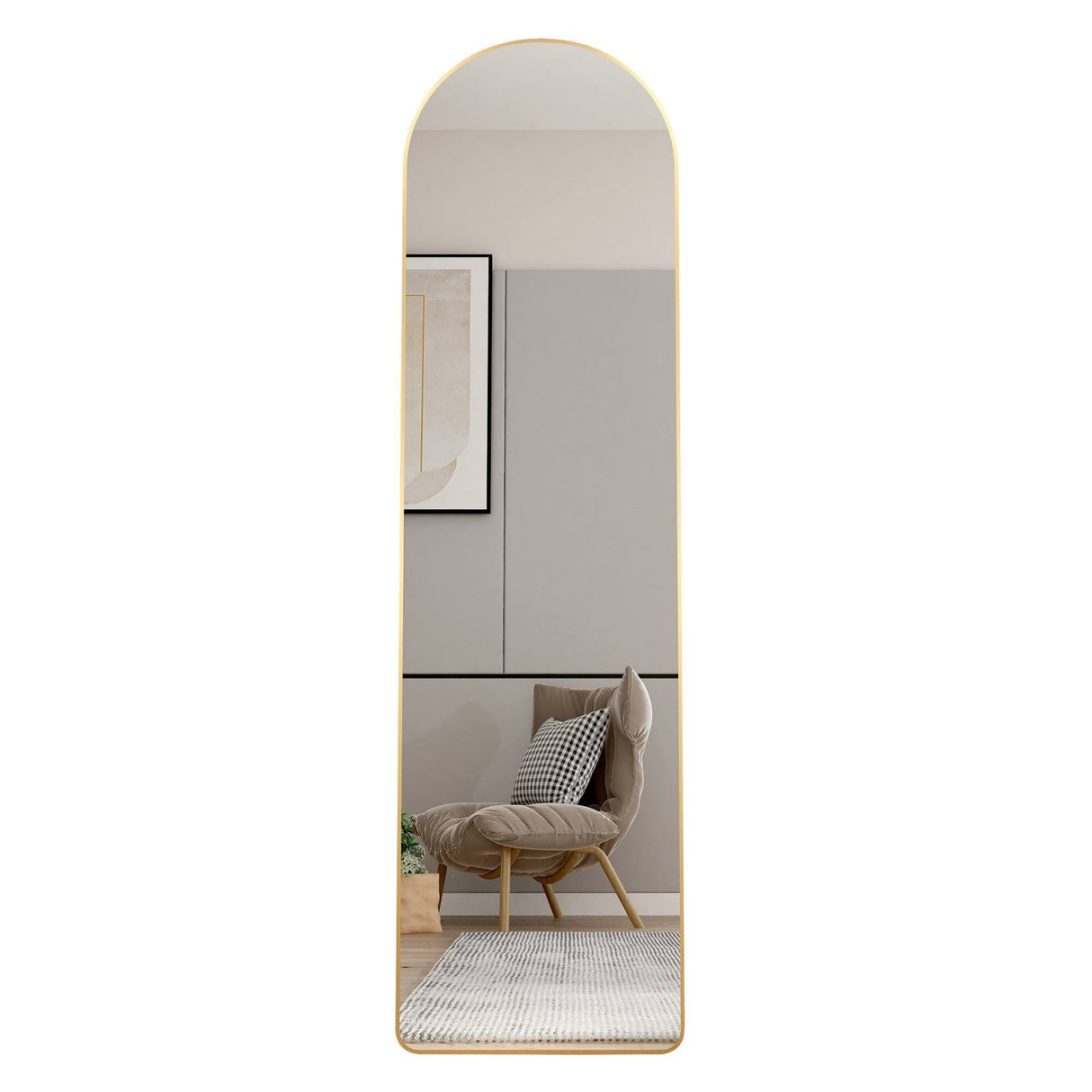 The third generation floor mounted full length rearview mirror. Aluminum alloy metal frame arched wall mirror, bathroom makeup mirror, clothing store, wall mounted. Gold 60 "*16.5"W115158172