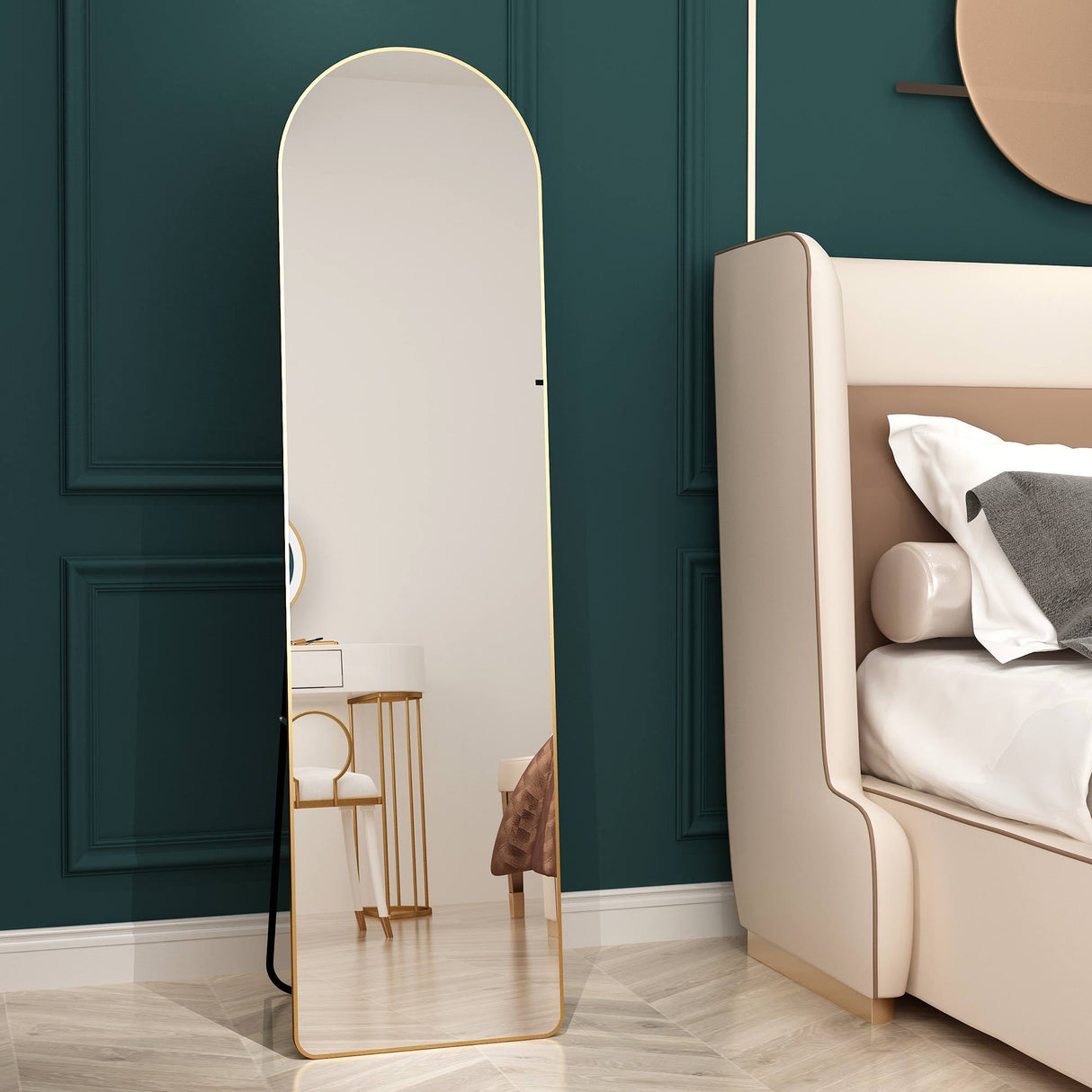 The third generation floor mounted full length rearview mirror. Aluminum alloy metal frame arched wall mirror, bathroom makeup mirror, clothing store, wall mounted. Gold 60 "*16.5"W115158172