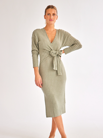 V-neck Long-sleeved Knitted Tie Dress