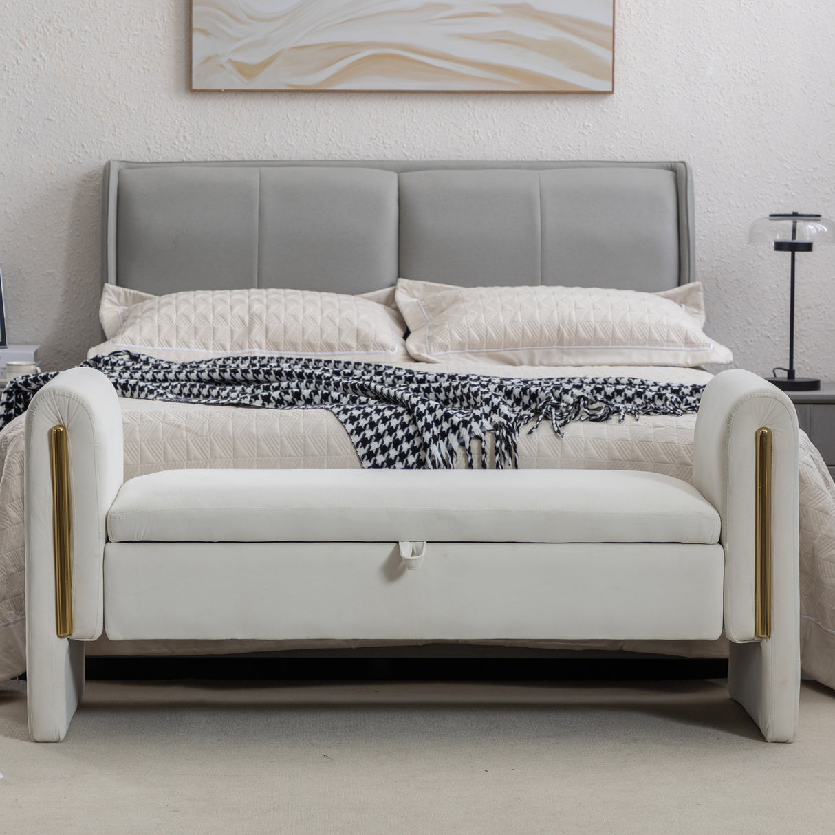 Velvet Fabric Storage Bench Bedroom Bench With Gold Metal Trim Strip