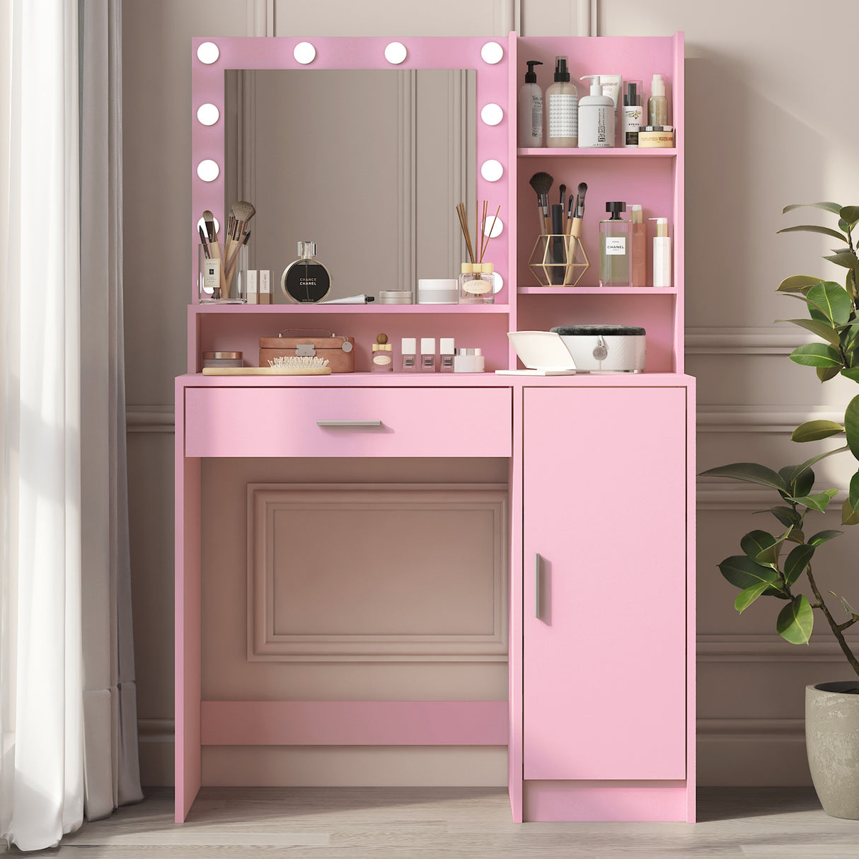 Vanity Desk with Mirror & Light, Large Drawer Three Level Storage Dresser, 3 Lighting Modes Adjustable Brightness, Bedroom Dressing Table (Pink)