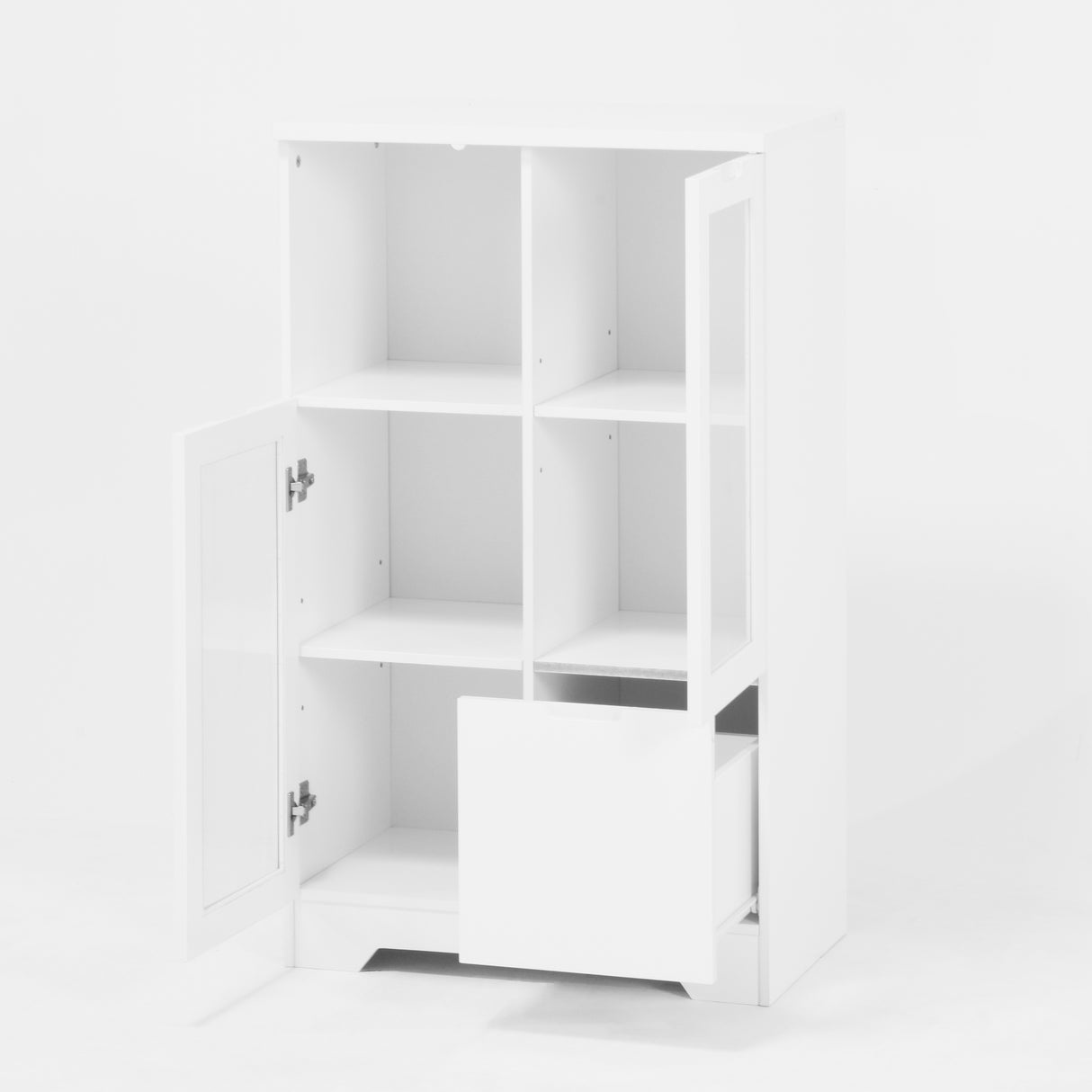 Wooden Floor Cabinet with 2 Glass Doors and 2 Storage Space,White ,Living Room Bathroom Entryway White
