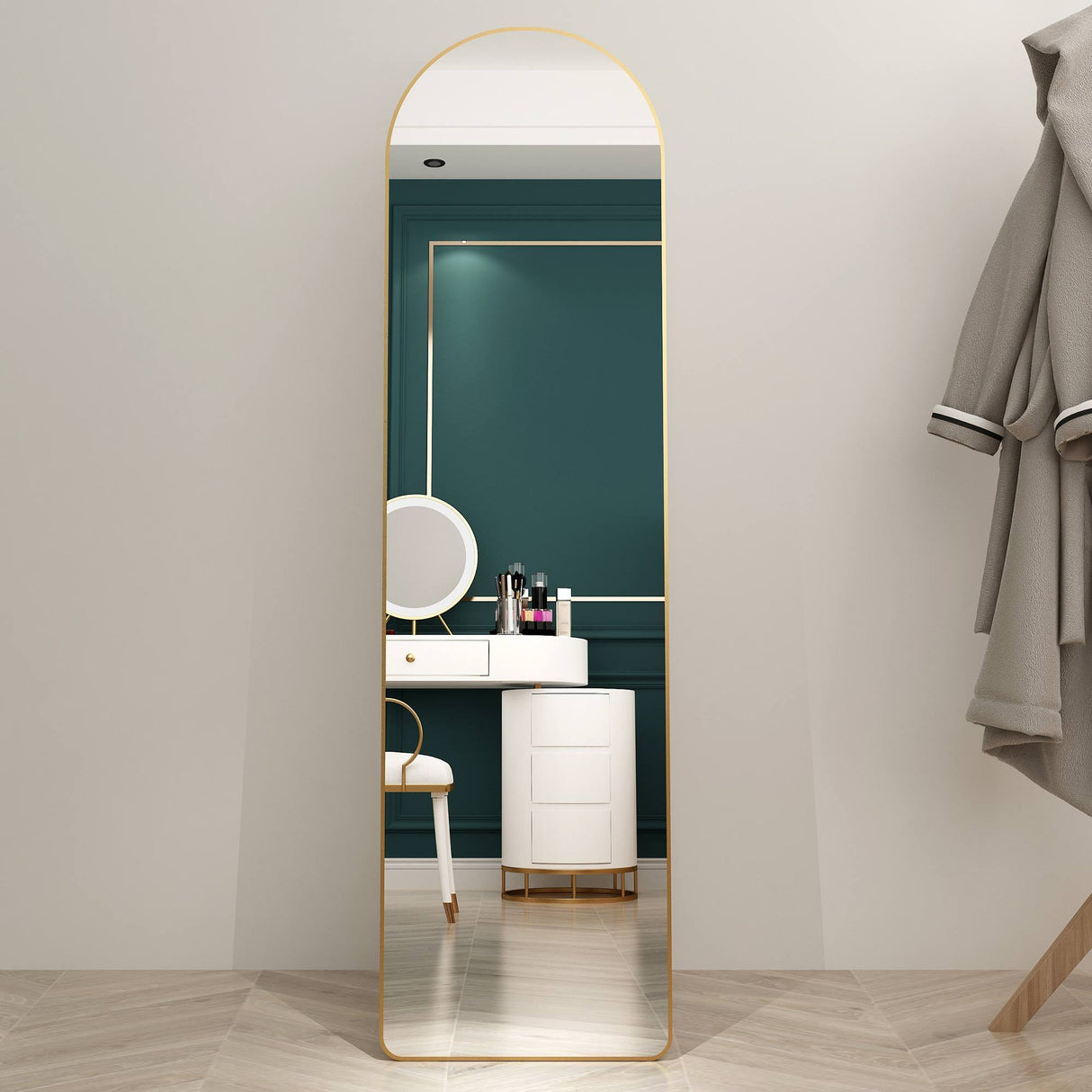 The third generation floor mounted full length rearview mirror. Aluminum alloy metal frame arched wall mirror, bathroom makeup mirror, clothing store, wall mounted. Gold 60 "*16.5"W115158172