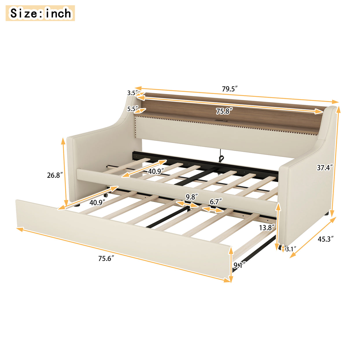 Twin Size Daybed with Trundle, Upholstered Daybed with Charging Station and LED Lights, Beige (Expect arrive date:May 20th.)