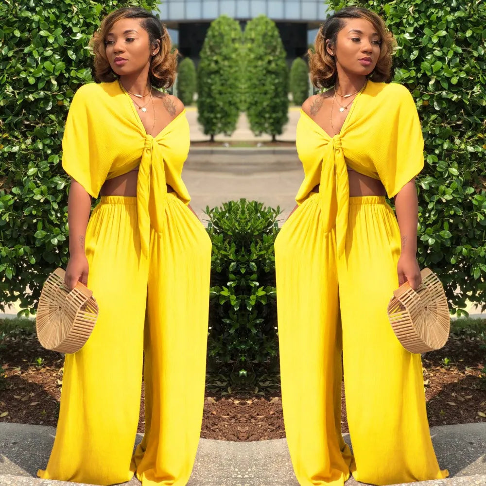 Women loose wide leg pants bandage lace up crop top 2 piece set for female women v-neck short sleeve two piece set women's suits