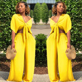 Women loose wide leg pants bandage lace up crop top 2 piece set for female women v-neck short sleeve two piece set women's suits