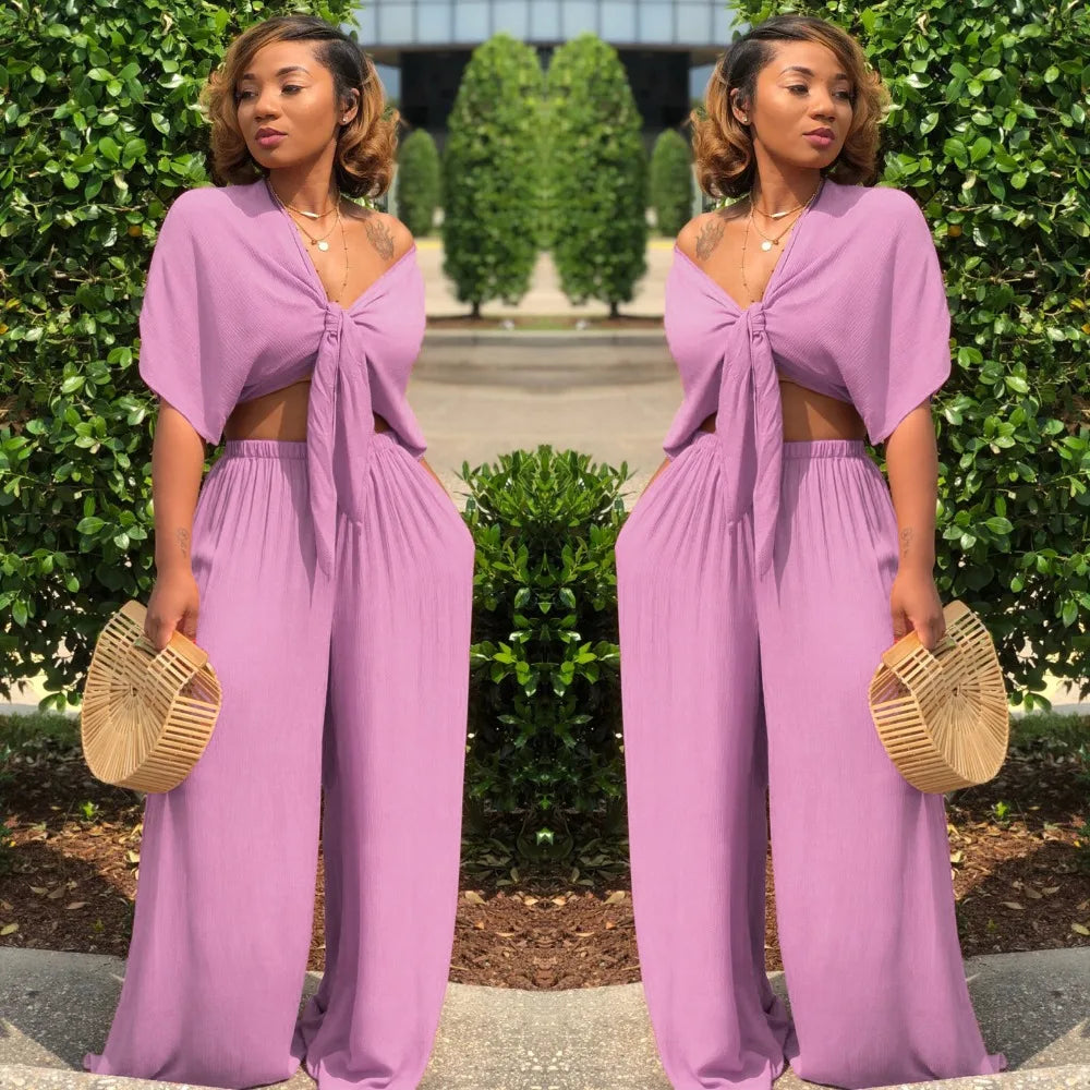 Women loose wide leg pants bandage lace up crop top 2 piece set for female women v-neck short sleeve two piece set women's suits
