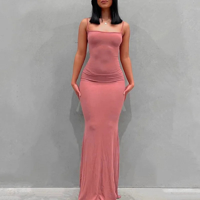 Women Sexy Bodycon Long Dress Solid Color Spaghetti Strap