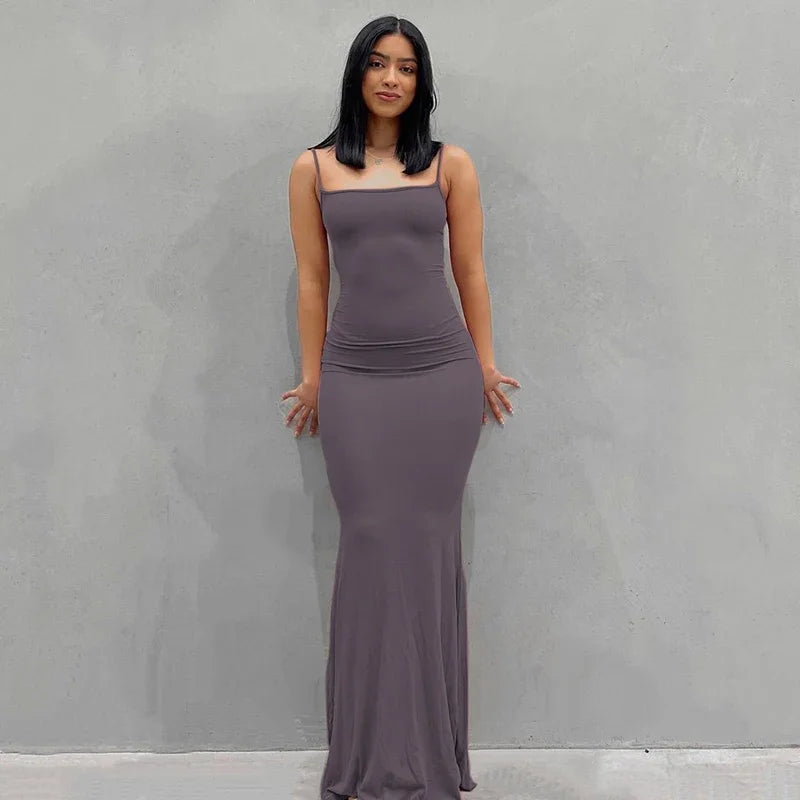 Women Sexy Bodycon Long Dress Solid Color Spaghetti Strap