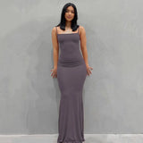 Women Sexy Bodycon Long Dress Solid Color Spaghetti Strap