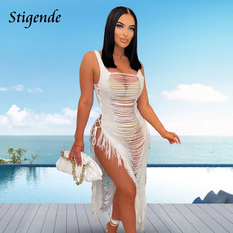 Women Knitted Tassel Beach Cover Up Backless Crochet Long Beach Dress Swimwear Summer Bandage Side Split Hollow Out Sundress
