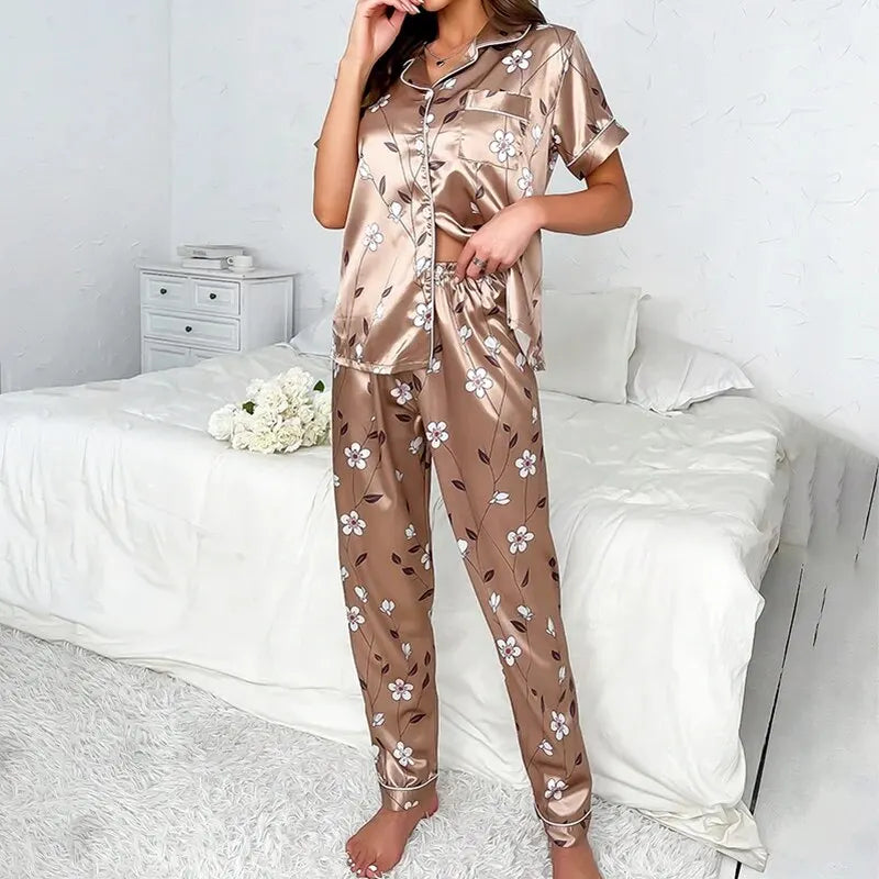 Women's Floral Satin Pajama Set Short Sleeve Top with Pocket and Long Pants for Comfortable Loungewear and Sleepwear Home Wear