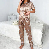 Women's Floral Satin Pajama Set Short Sleeve Top with Pocket and Long Pants for Comfortable Loungewear and Sleepwear Home Wear