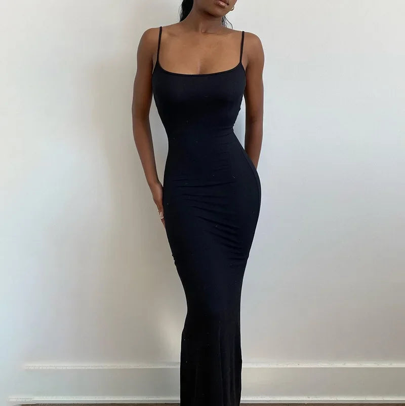 Women Sexy Bodycon Long Dress Solid Color Spaghetti Strap