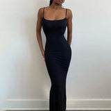 Women Sexy Bodycon Long Dress Solid Color Spaghetti Strap