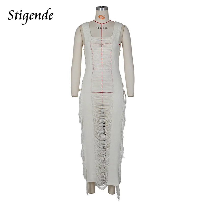 Women Knitted Tassel Beach Cover Up Backless Crochet Long Beach Dress Swimwear Summer Bandage Side Split Hollow Out Sundress