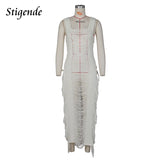 Women Knitted Tassel Beach Cover Up Backless Crochet Long Beach Dress Swimwear Summer Bandage Side Split Hollow Out Sundress