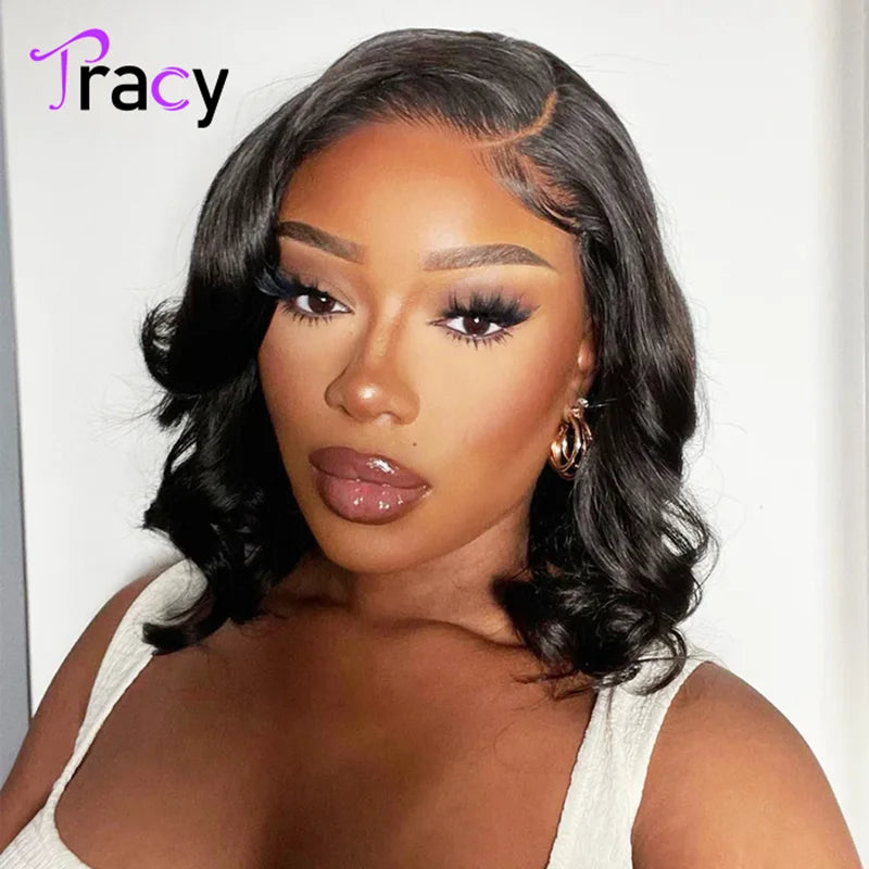 Tracy Hair Wear and Go Glueless Wigs Human Hair Pre Plucked Bob Wig, Pre Cut Body Wave Lace Front Wigs For Beginners No Glue