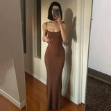 Women Sexy Bodycon Long Dress Solid Color Spaghetti Strap