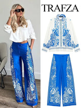 TRAFZA Women Pants Set Print Turn-Down Collar Long Sleeves Single Breasted Casual Shirts+High Waist Pocket Zipper Wide Leg Pant