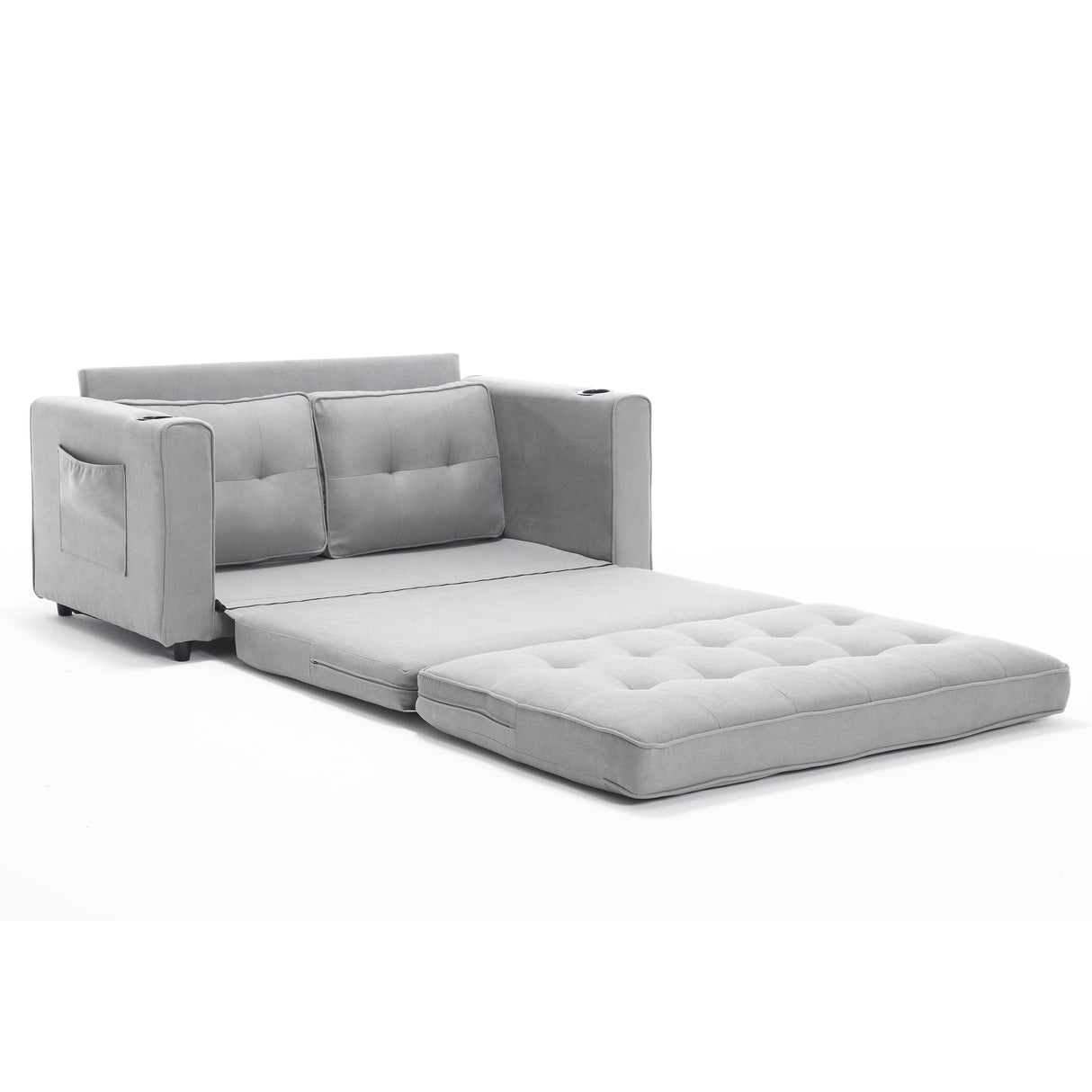 {VIDEO Provided}3-in-1 Upholstered Futon Sofa Convertible Sofa bed,Foldable Tufted Loveseat with Pull Out Sleeper Couch Bed,Folding Mattres Love Seat Daybed W/Side Pockets and Cup Holder, Light Gray
