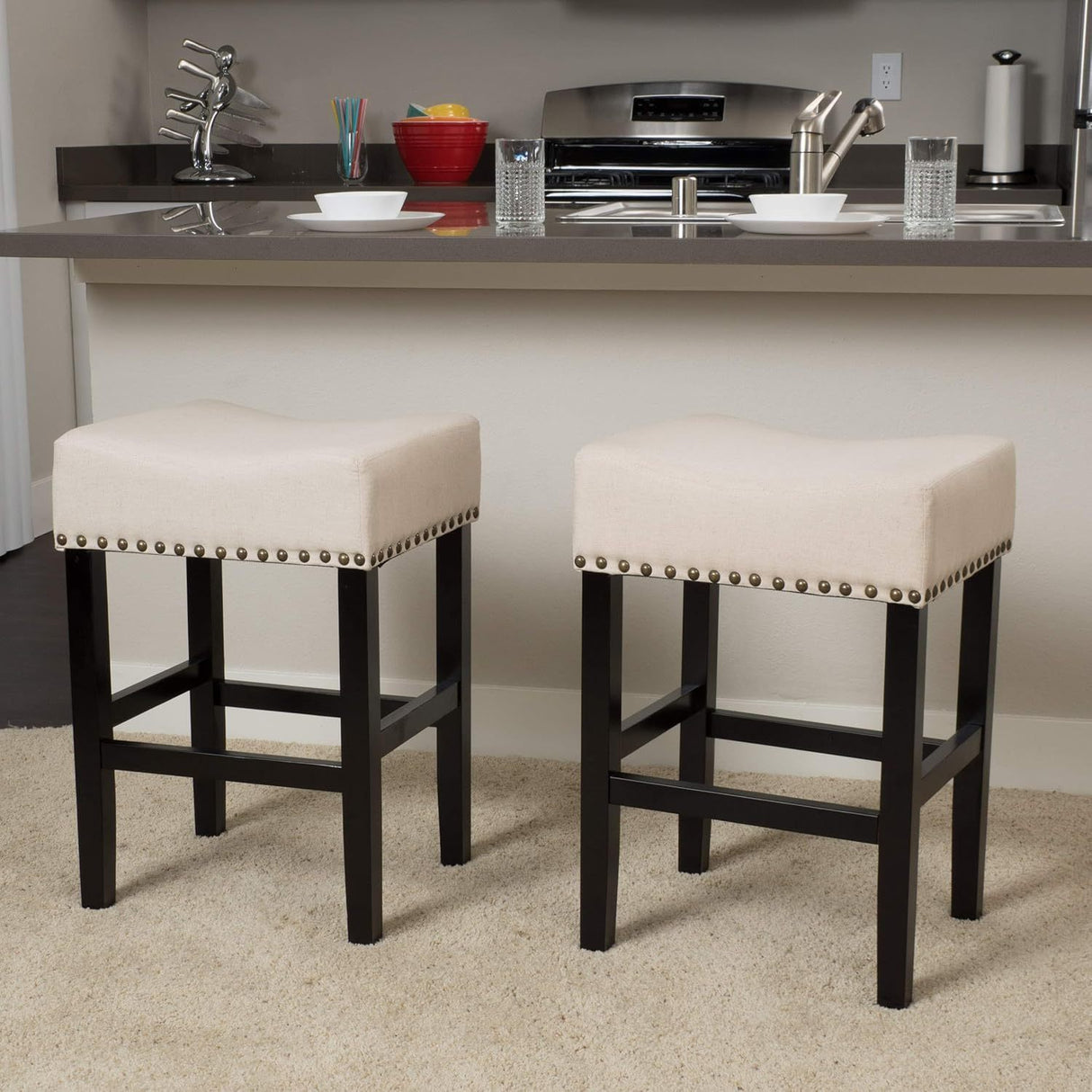 [Ship to Canada only]Laramie Linen Fabric Counterstools, 2-Pcs Set, Beige