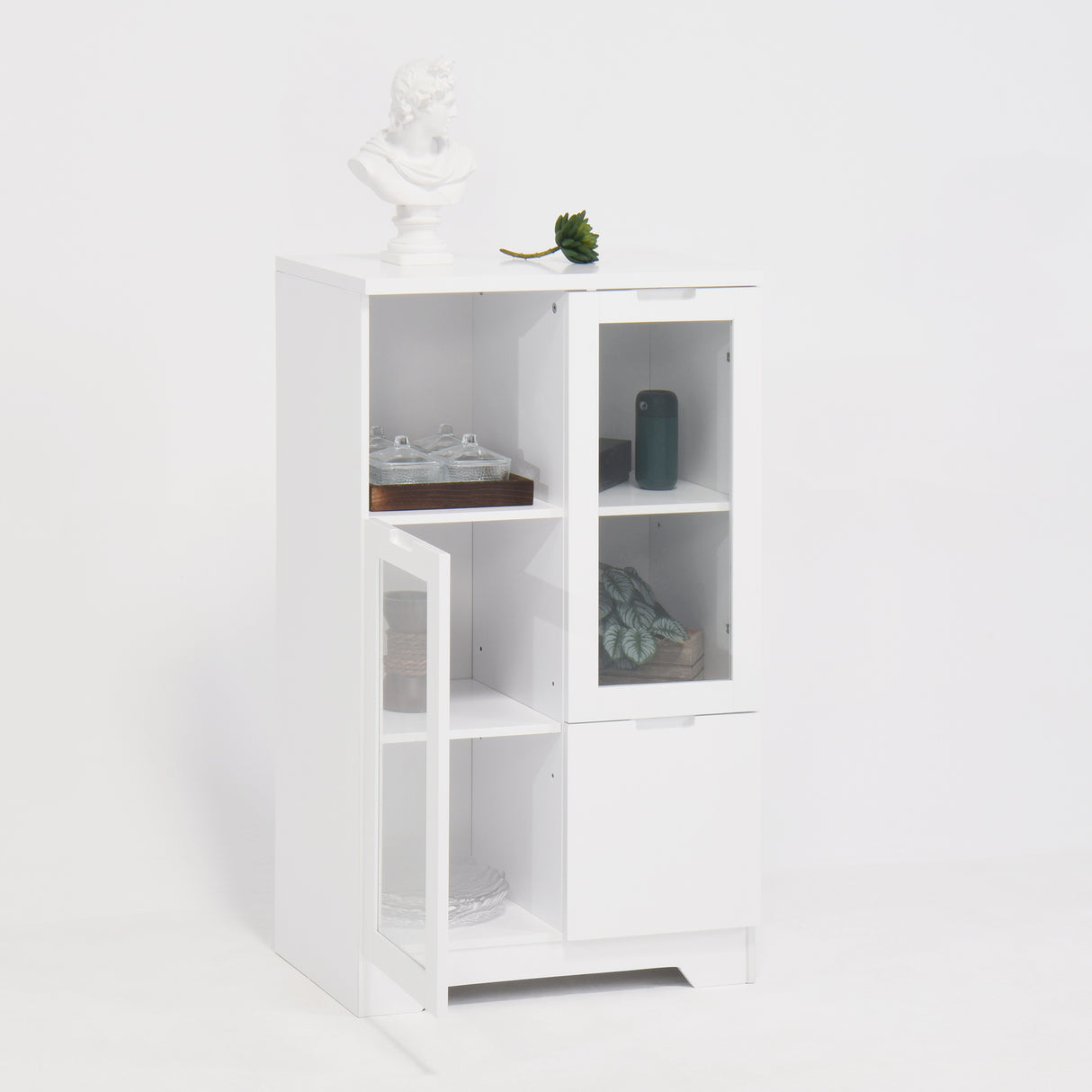 Wooden Floor Cabinet with 2 Glass Doors and 2 Storage Space,White ,Living Room Bathroom Entryway White