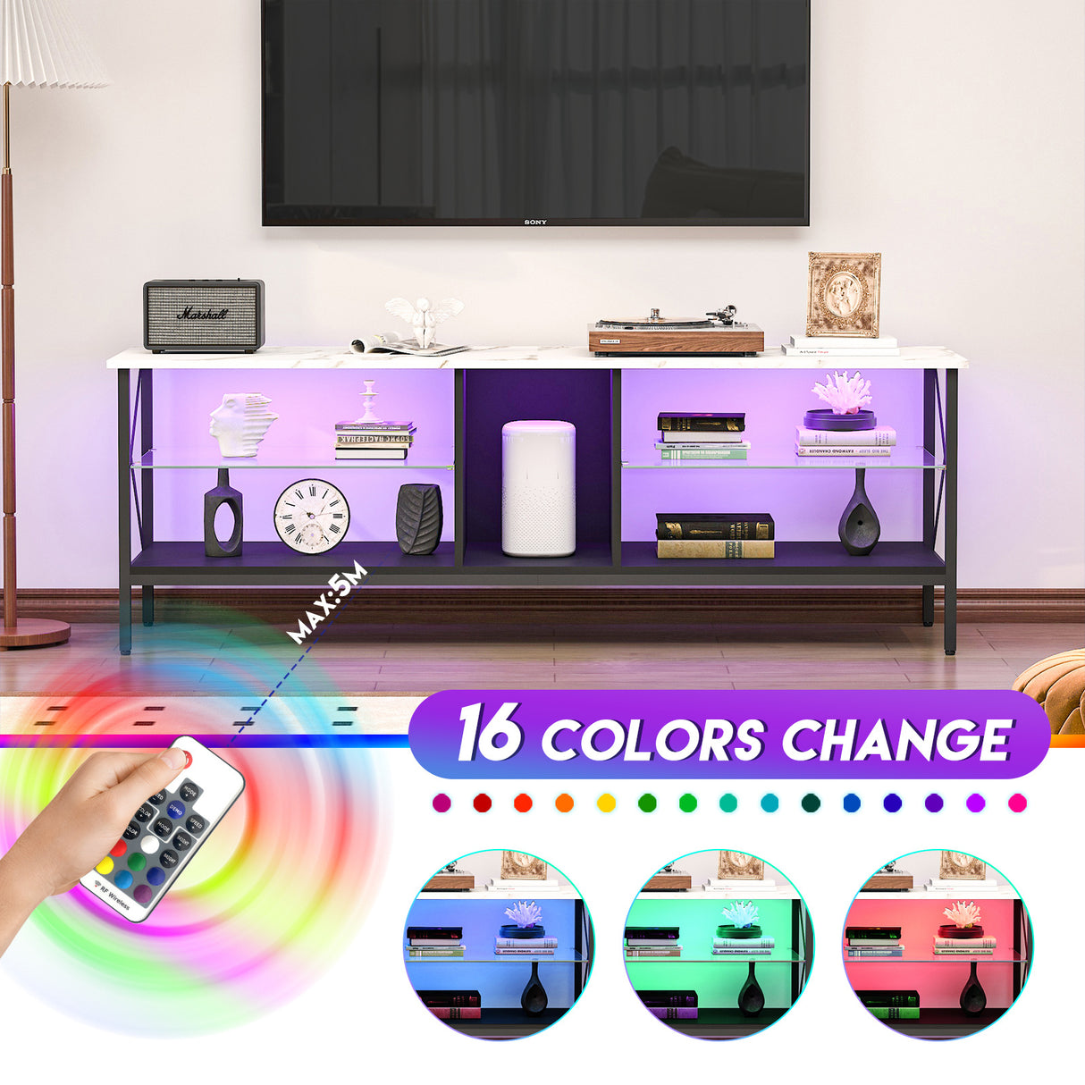 TV stand,Iron TV cabinet,entertainment center, TV set, media console, with LED lights, remote control,toughened glass stand,can be placed in the living room, bedroom, color:white with marble texture