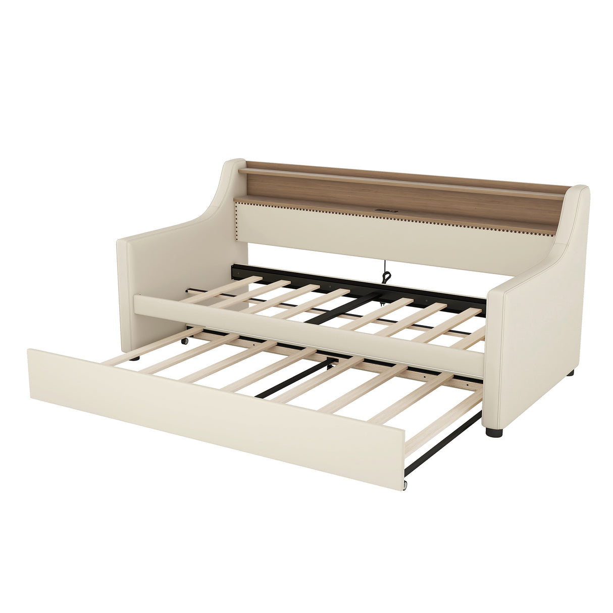 Twin Size Daybed with Trundle, Upholstered Daybed with Charging Station and LED Lights, Beige (Expect arrive date:May 20th.)