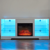 TV Stand Electric Fireplace TV Stand with Glass Shelves, 3D Fireplace TV Stand with LED Lights Wood with USB Charging Outlet Modern Television Table Center for TV up to 32-62" White 58''W*15.5''D*24.4