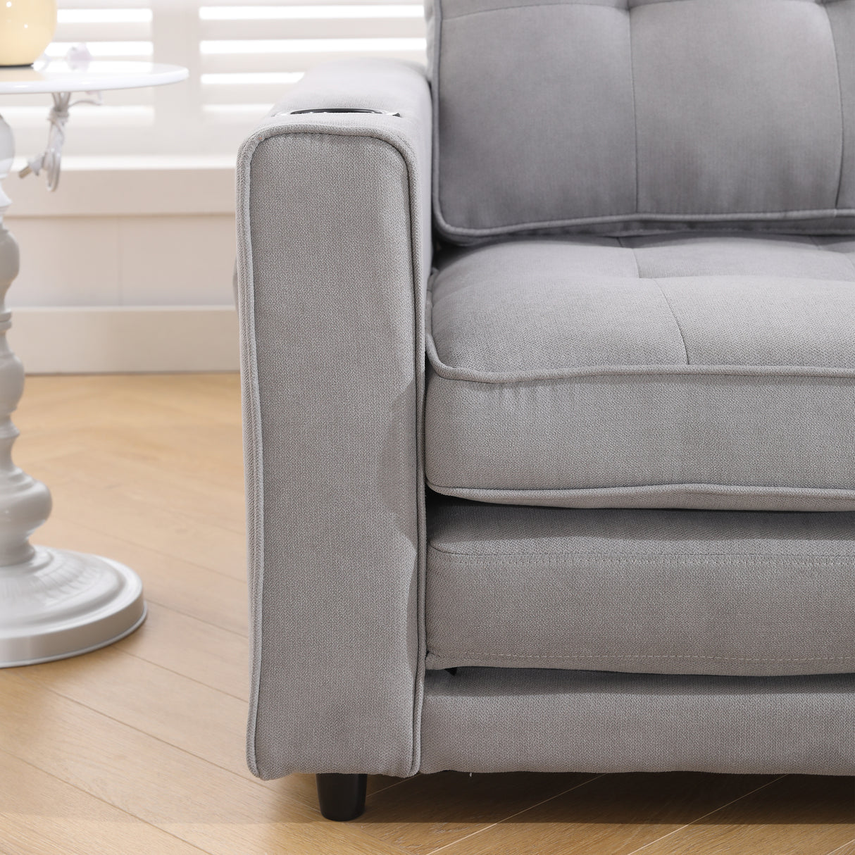 {VIDEO Provided}3-in-1 Upholstered Futon Sofa Convertible Sofa bed,Foldable Tufted Loveseat with Pull Out Sleeper Couch Bed,Folding Mattres Love Seat Daybed W/Side Pockets and Cup Holder, Light Gray
