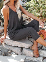 Solid Color V-Neck Pocket Jumpsuit