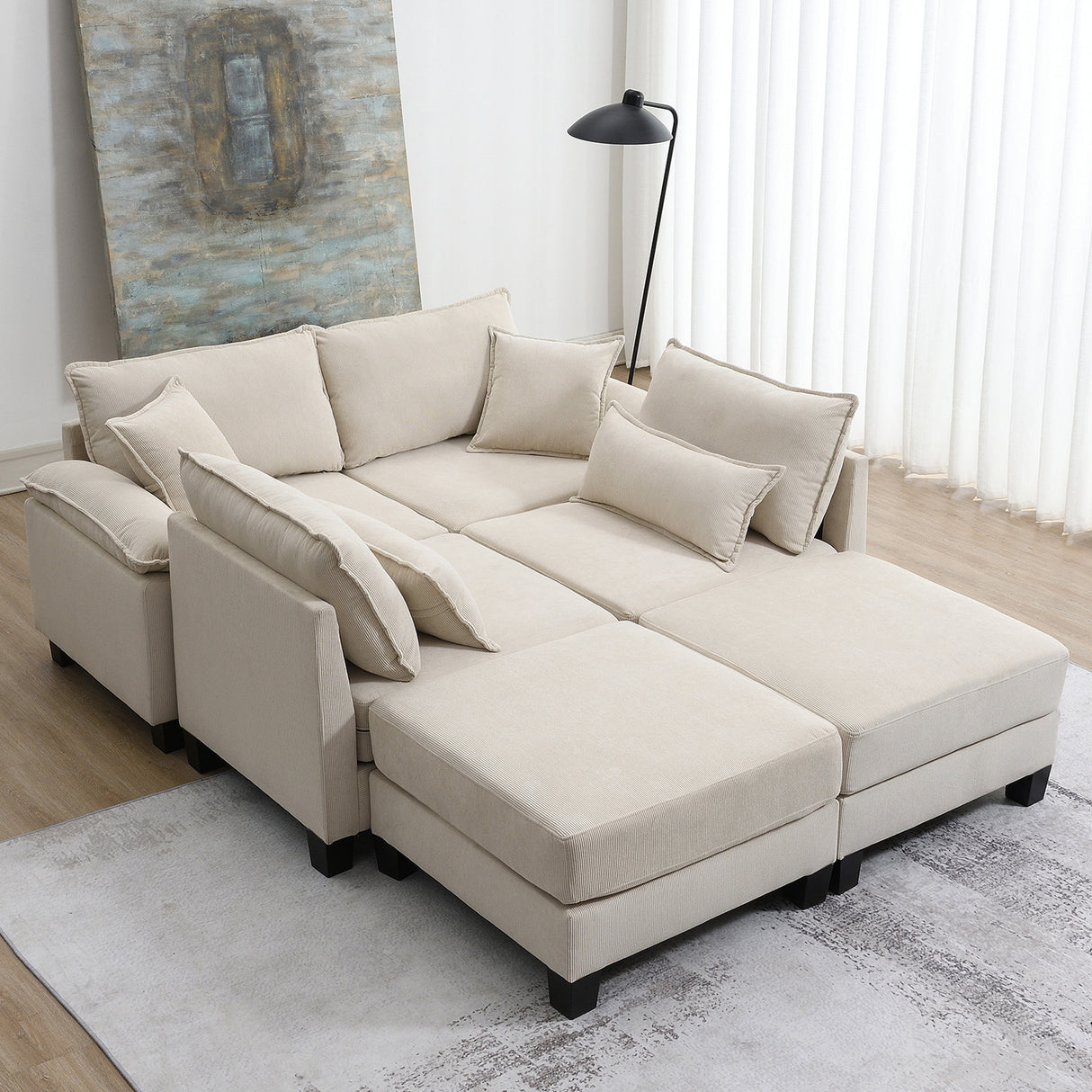 [New]Wide Seat Corduroy Modular Sectional Sofa Bed, Sleeper Couch Set with Armrest Pillow,6 Seat Free Combination Sofa with Ottomans, Oversized Indoor Furniture for Living Room, 2 Colors