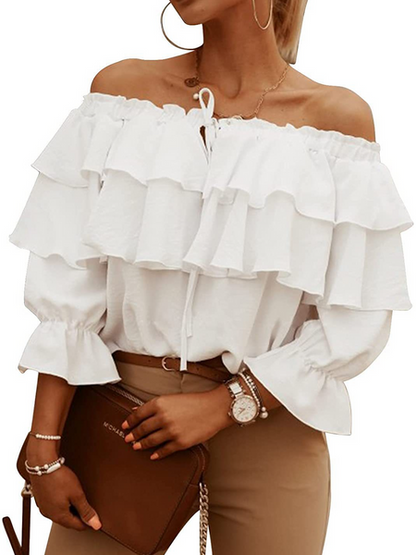 Off-Shoulder Double Ruffle 3/4 Sleeve Blouse