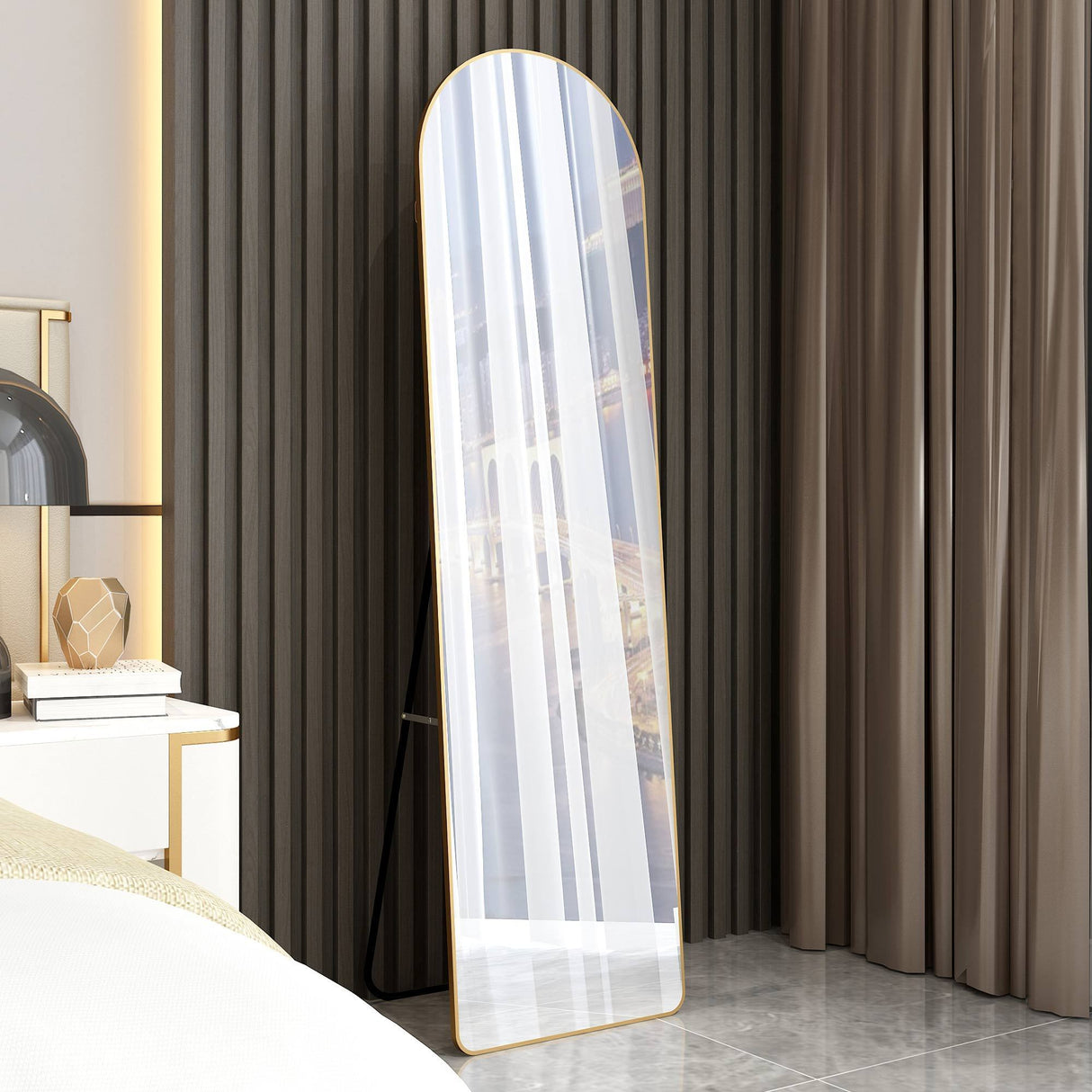 The third generation floor mounted full length rearview mirror. Aluminum alloy metal frame arched wall mirror, bathroom makeup mirror, clothing store, wall mounted. Gold 60 "*16.5"W115158172