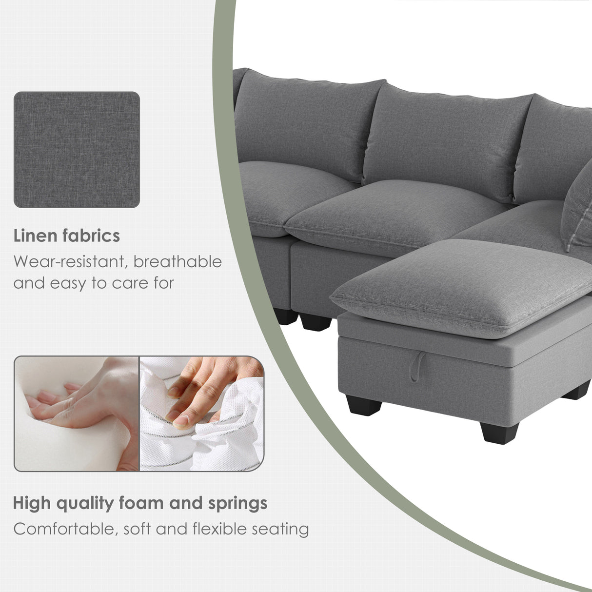 [VIDEO provided][New] 120*93" Modern U Shape Modular Sofa with Storage Ottoman,Luxury 7 Seat Sectional Couch Set with 2 Pillows Included,Freely Combinable Indoor Funiture for Living Room, Apartment