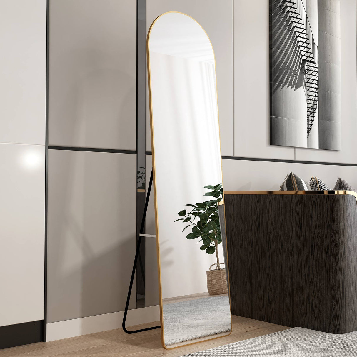 The third generation floor mounted full length rearview mirror. Aluminum alloy metal frame arched wall mirror, bathroom makeup mirror, clothing store, wall mounted. Gold 60 "*16.5"W115158172